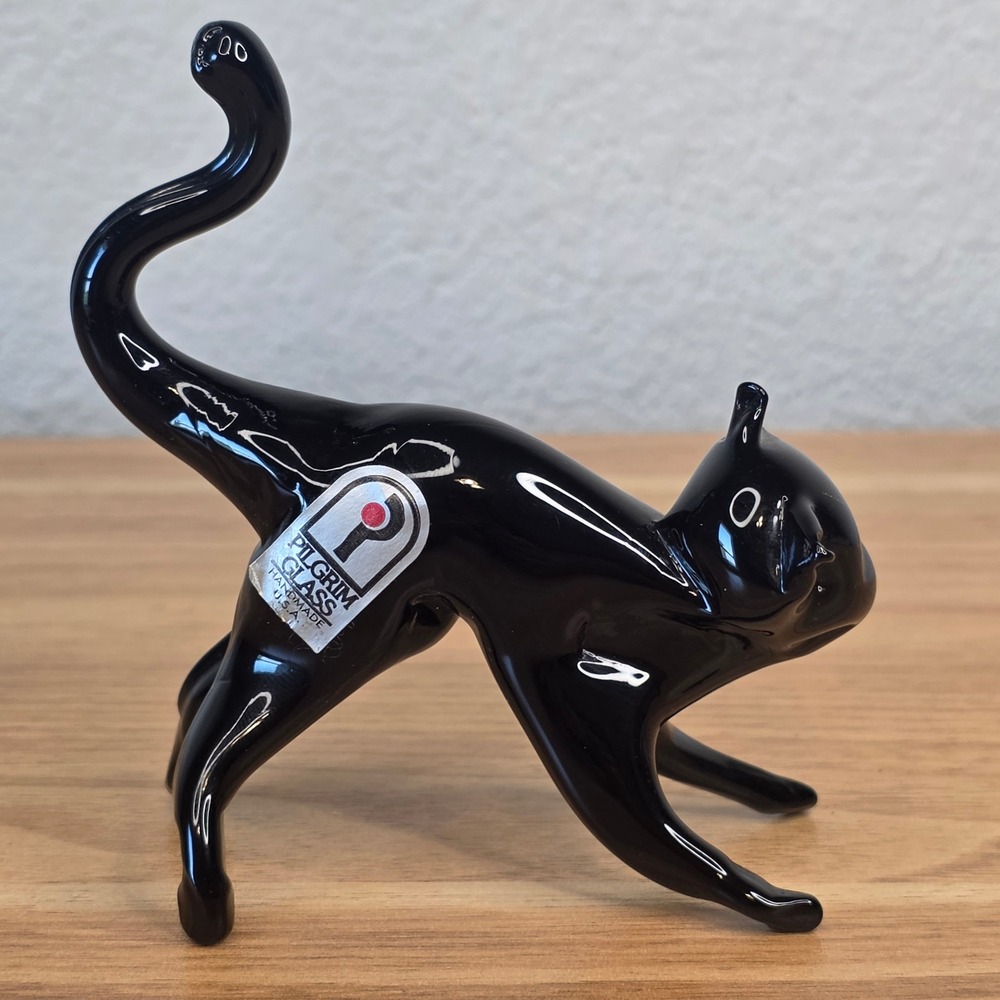 Pilgrim Glass Cat Figurine Black Good MCM Handmade USA Label